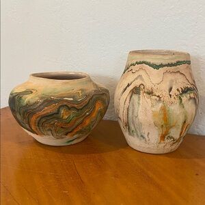 Nemadji Pottery Vases 4” and 5.5″ Shades Of Green, Orange, Brown, and Black
